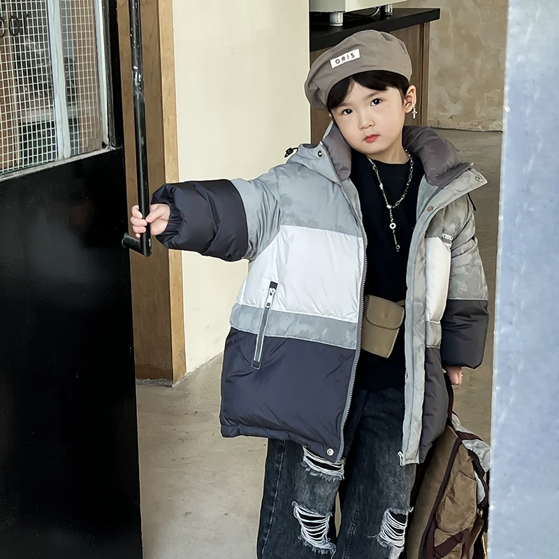 儿童羽绒服男童2024冬季新款拼色韩版中长款中大童装三防外套加厚