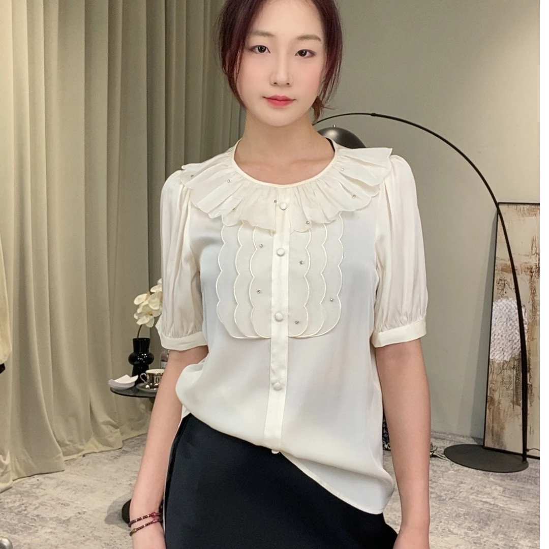 【燕子在南油】衣长61真丝V领钉钻减龄钉珠短袖衬衫3830