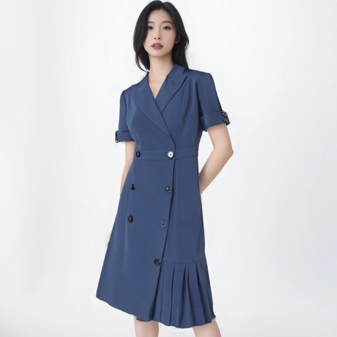 舒与石连体裙女西装通勤蓝色连衣裙袖轻职气质修身设计感