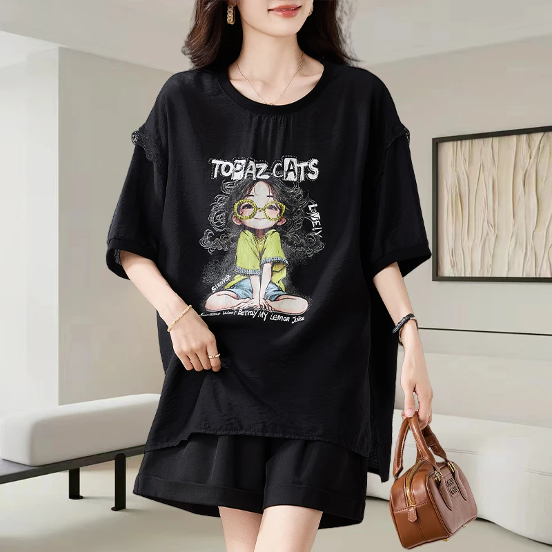 黑色卡通小女孩印花短袖t恤女2025夏季新款大码宽松休闲百搭上衣