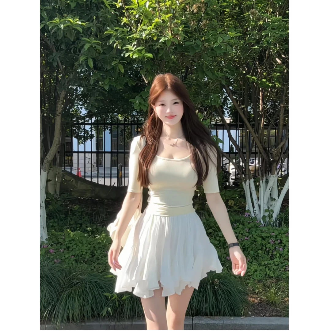 MARIE.COCO芭蕾风u领纯欲气质上衣夏季小个子甜美蕾丝蛋糕裙套装