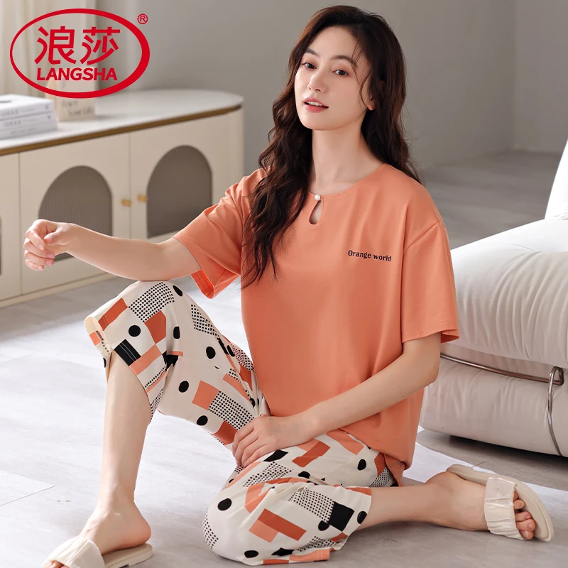 浪莎妈妈睡衣女士夏季薄款纯棉短袖七分裤大码宽松气质夏天家居服