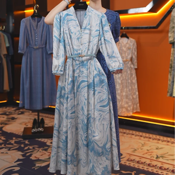 【赫尔温】设计款秋波蓝时尚收腰显瘦连衣裙DHZFF50522