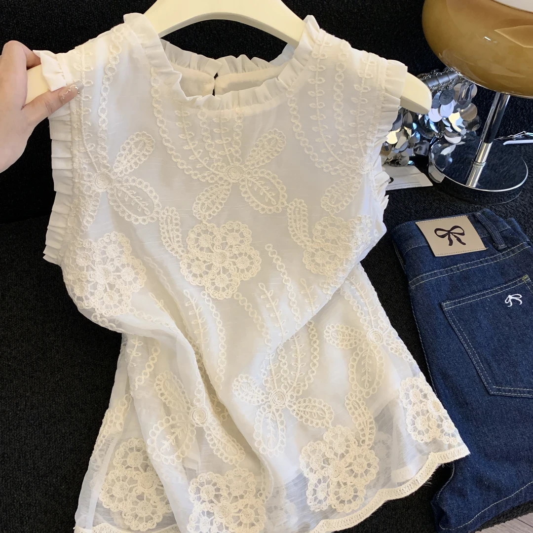 法式重工刺绣无袖衬衫女夏款2025高级感雪纺背心外穿薄款网纱上衣
