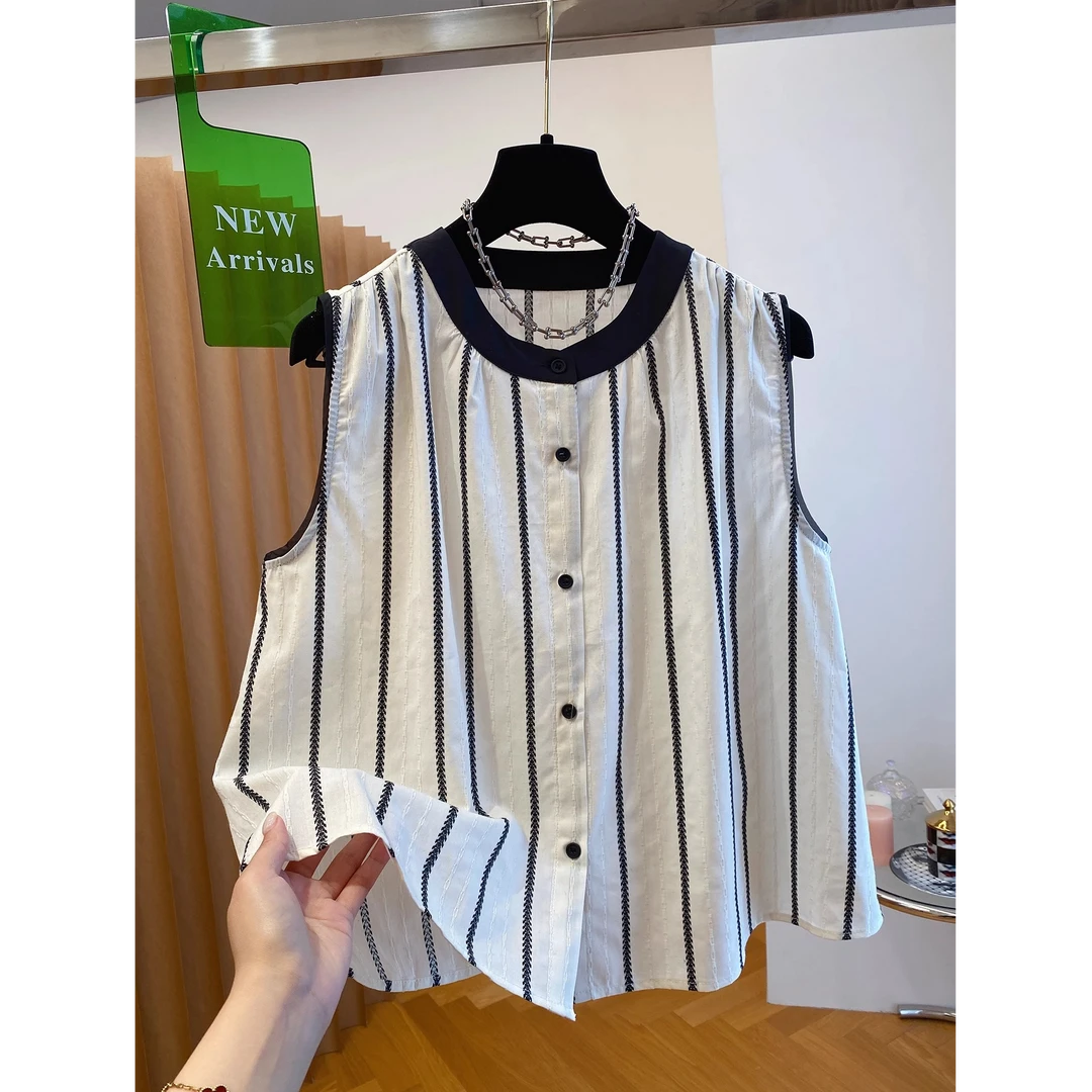 高级感无袖条纹衬衫上衣女夏季2025新款宽松休闲坎肩背心洋气小衫