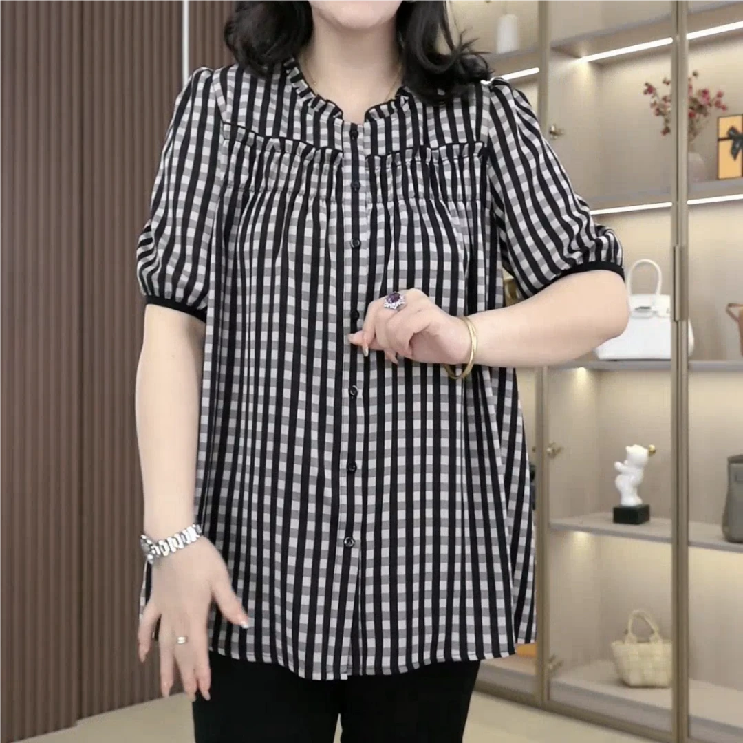 夏季新款大码气质百搭格子显瘦木耳边遮肚子宽松上衣251021