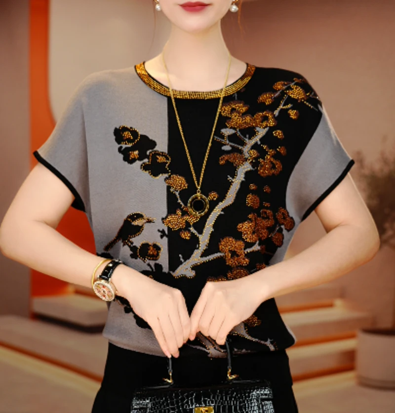 新款夏季琉璃冰感丝短袖上衣女舒适透气上衣V25C216