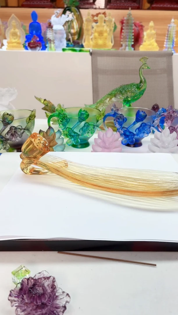 手工艺品琉璃琥珀粉色荷叶线香插23*7公分