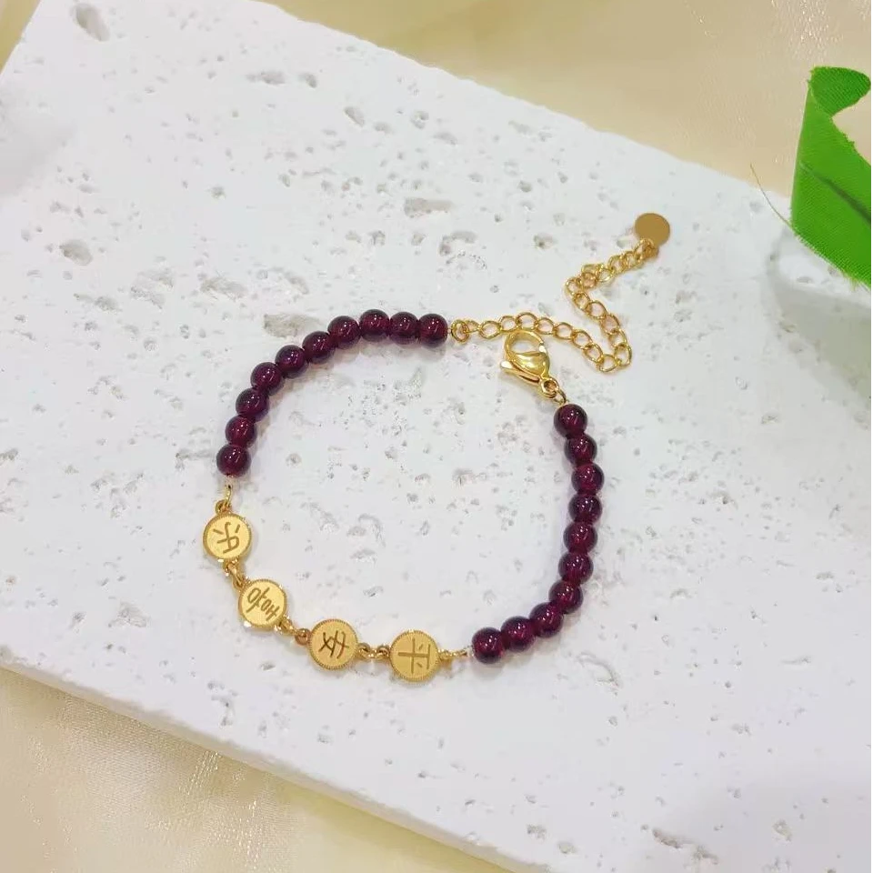 钛钢玻璃手链 【Kiss娜】钛钢3478气质百搭平安喜乐红珠手链