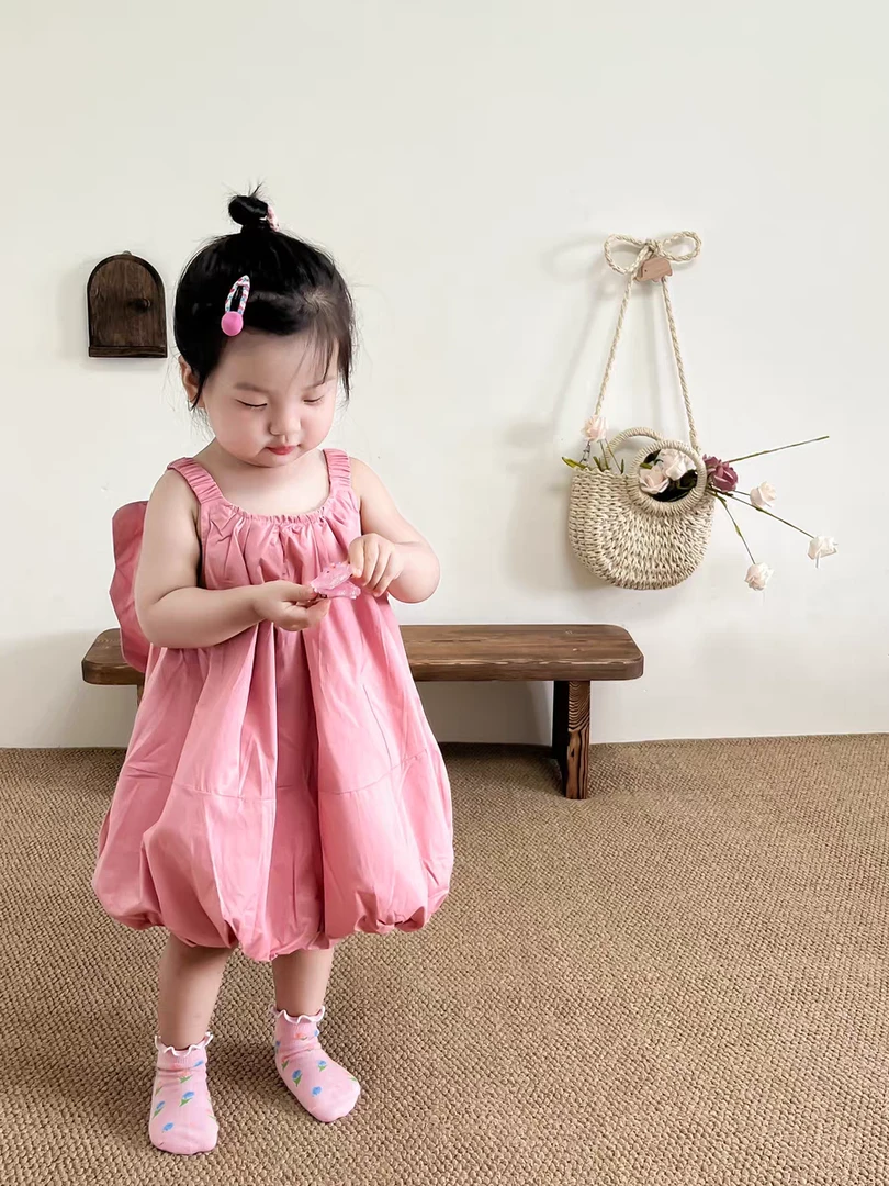 J48'粉天使'女童L·H·NIAO2025夏季吊带小蝴蝶连衣裙宝宝粉色礼服