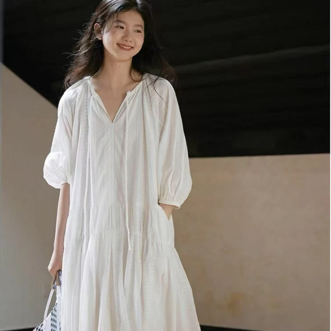 【运费补贴】小白裙~浪漫法式度假风系带长裙肌理感连衣裙