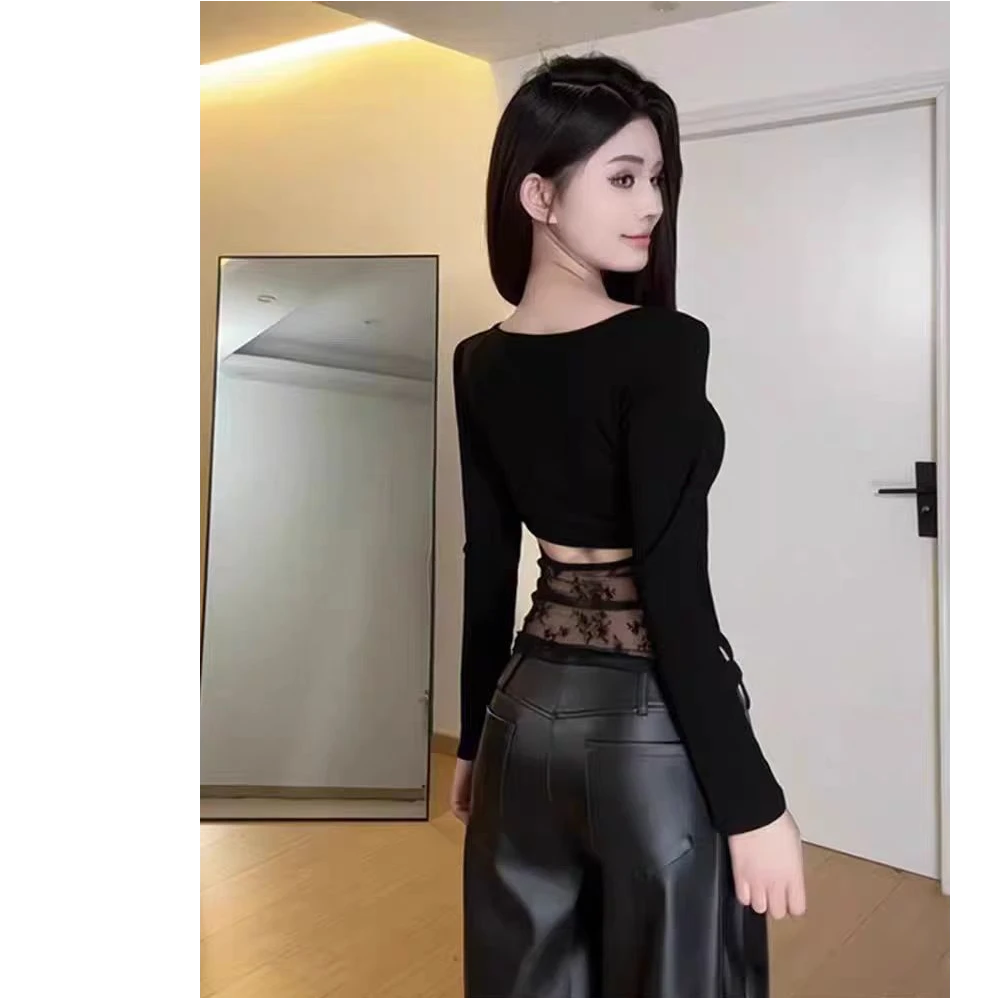 D25080辣妹风性感镂空露背蕾丝拼接修身长袖T恤