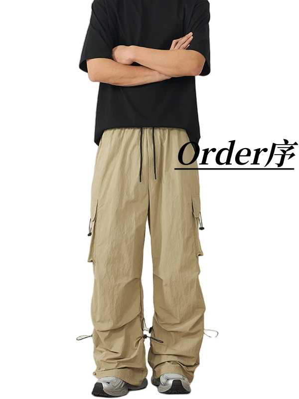 order序#美式复古卡其拖地伞兵工装裤男女hiphop户外高级感男装