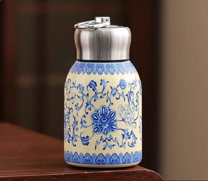 瓷韵优品 小胖丁缠枝莲保温杯户外水壶便携式保温壶-6156