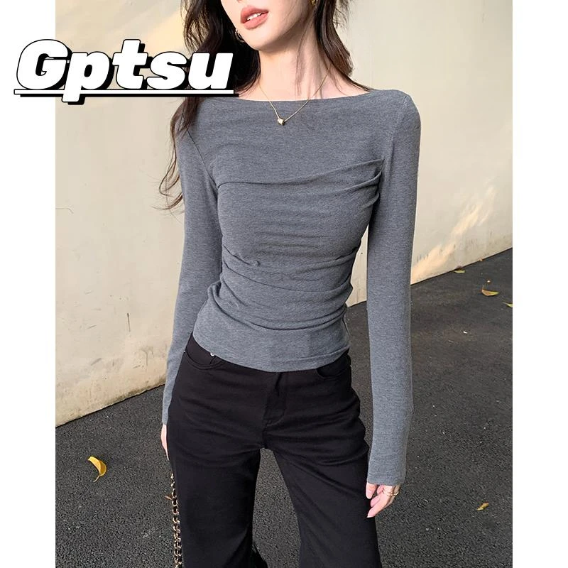 GPTSu设计感一字肩长袖T恤女秋季修身显瘦性感露肩针织打底衫上衣