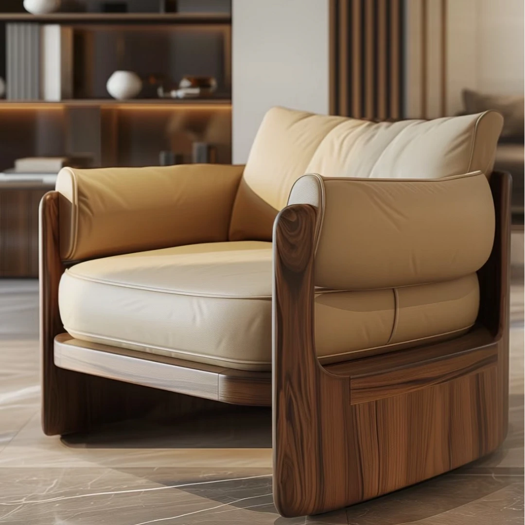 新中式禅意实木沙发椅黑胡桃白蜡木单人真皮靠背椅酒店民宿办公室