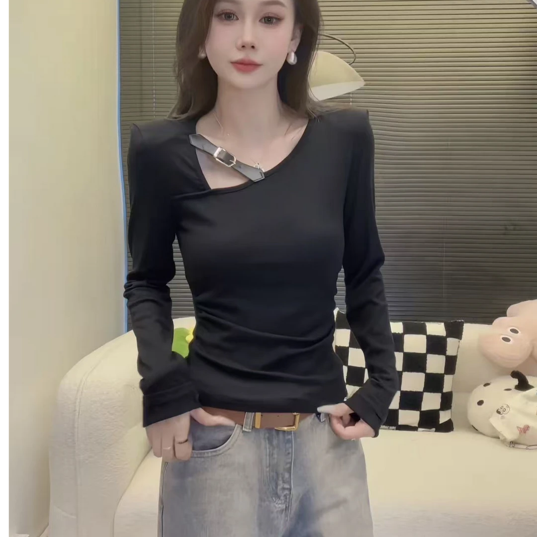 【DXJ家定制】秋冬新款辣妹设计感斜领T恤女加绒修身显瘦打底衫上衣