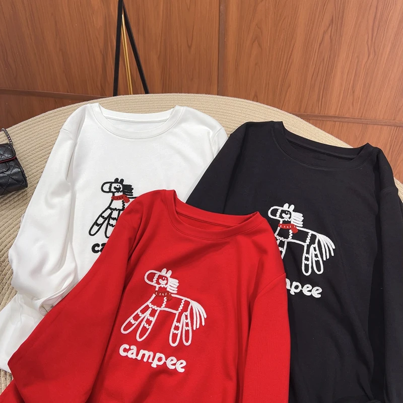 必魅女动物长袖INS风胖mm宽松抓绒T恤打底衫秋冬55687大码女装