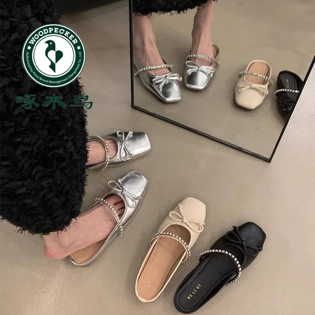 啄木鸟平底银色水钻包头半拖鞋女外穿2025新款春夏季温柔百搭单鞋