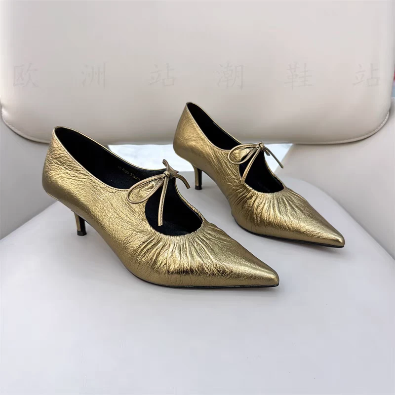 欧洲站女鞋秋季新胎牛真皮尖头单鞋女浅口细跟蝴蝶结性感高跟鞋