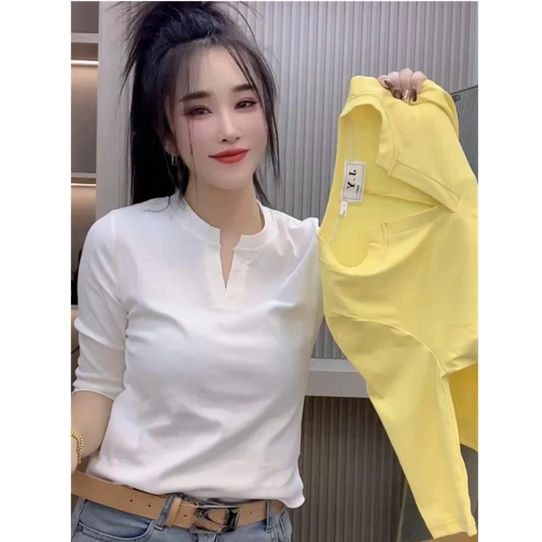 欧货V领后开衩五分袖T恤衫女2025夏季新款设计感时尚修身显瘦上衣