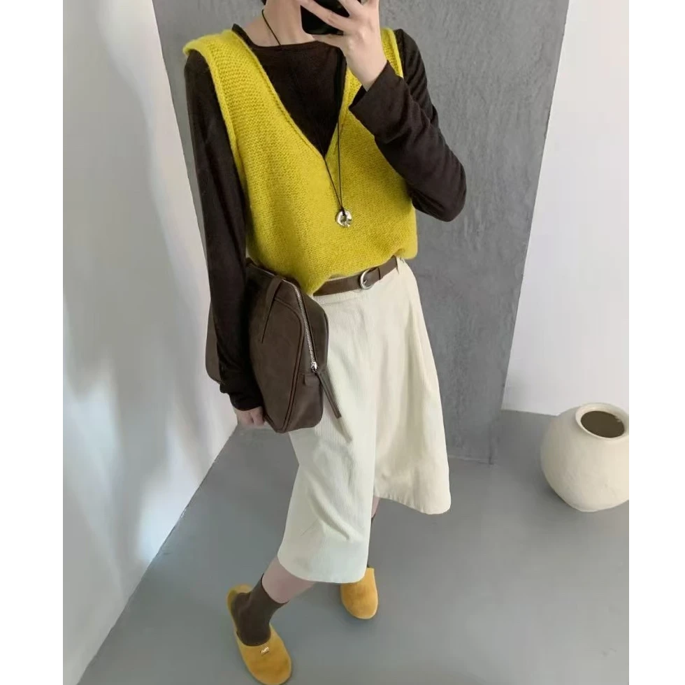 YYZZ 25968 韩系穿搭圆领长袖T恤打底衫针织马甲背心女休闲两件套