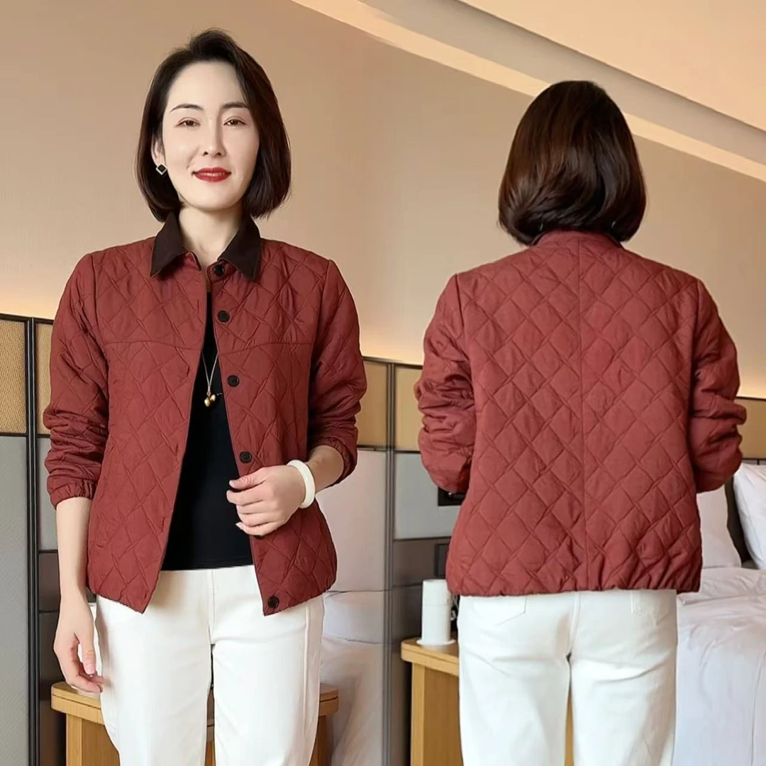 2025冬季时尚妈妈轻薄翻领菱格棉服上衣保暖棉袄洋气减龄棉衣外套