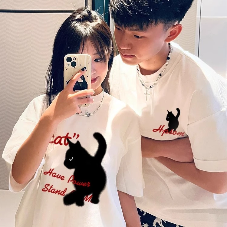 黑猫情侣短袖高级感2025夏装新款潮流牌网红roora宽松学生纯棉T恤