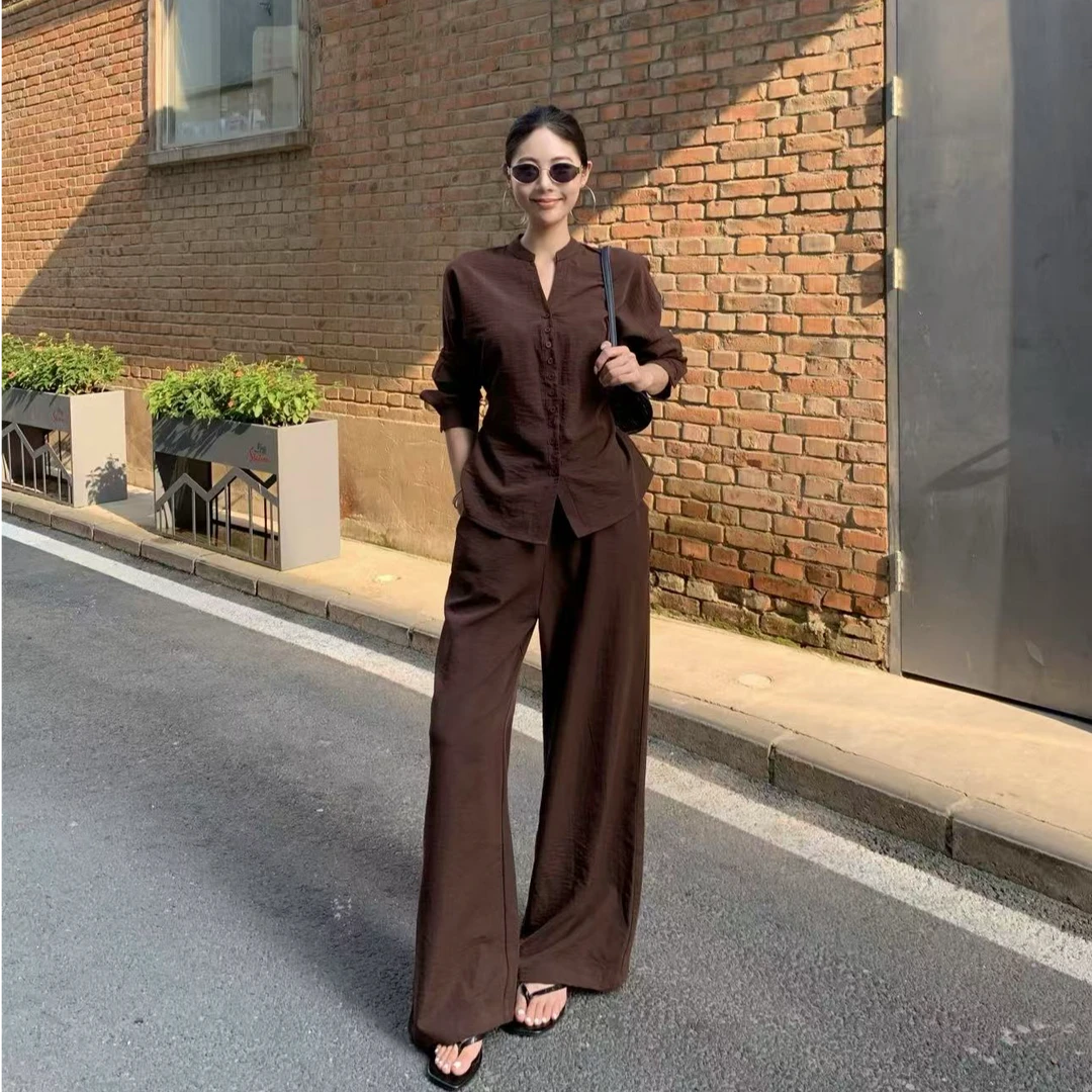 极简老钱风上衣复古套装衬衫长袖显瘦高腰系带休闲裤气质优雅秋季