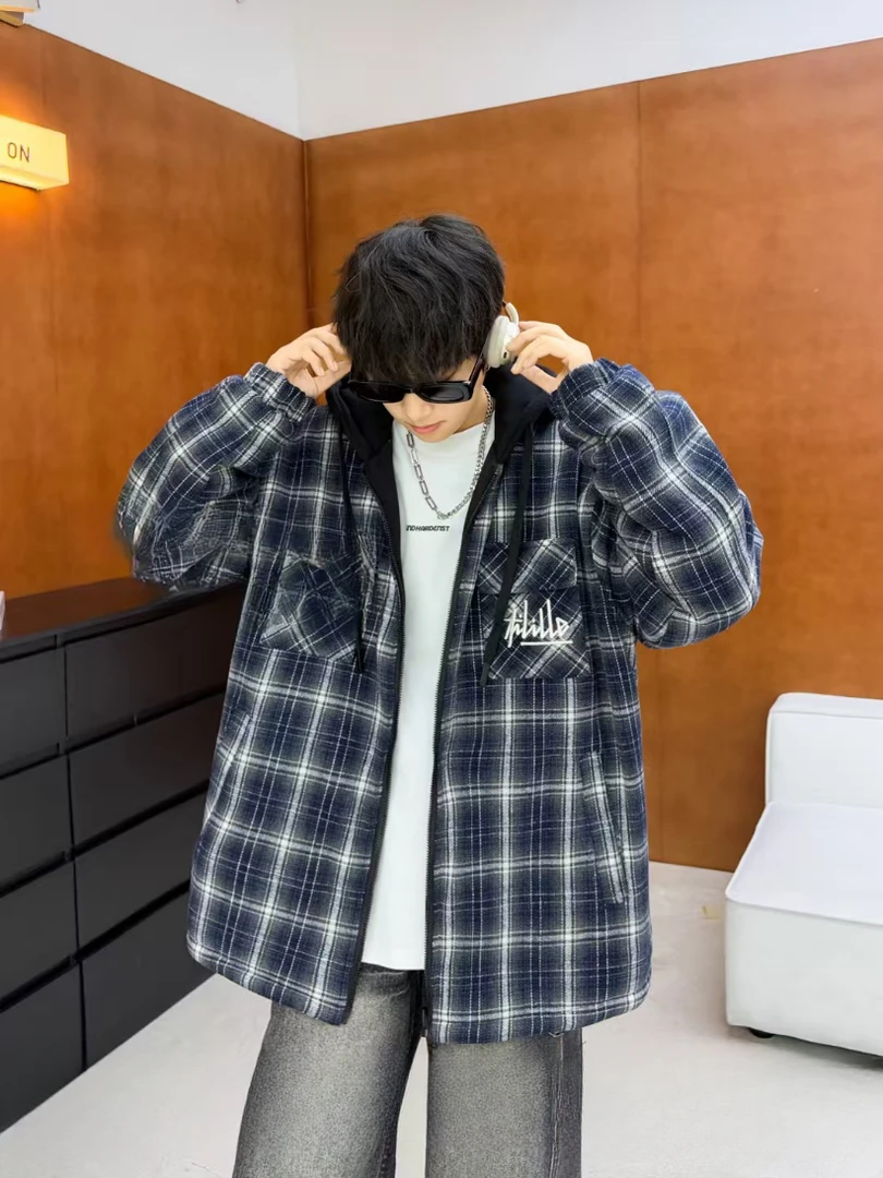 青少年大童秋冬两面穿连帽格子衫外套