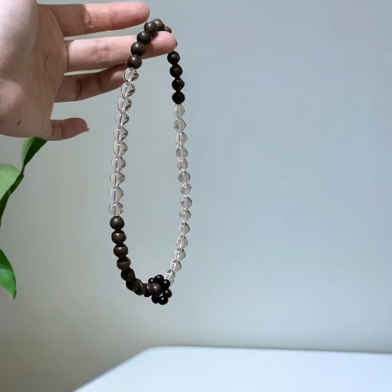 天然白手链深色系木质配白水晶绝了