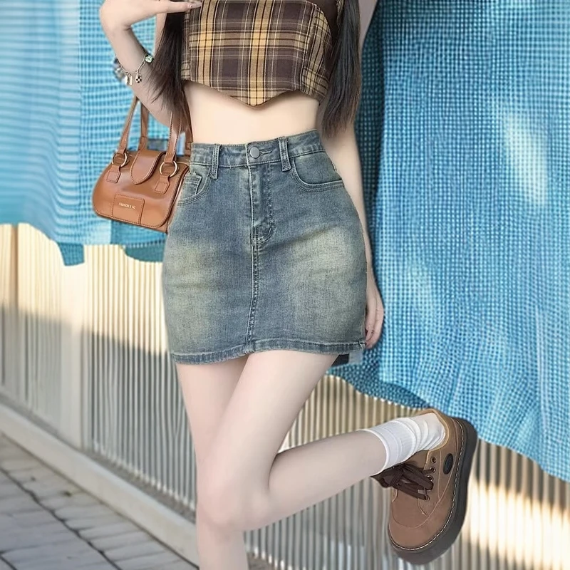 牛仔短裙女夏季大码高腰a字显瘦半身裙小个子辣妹防走光包臀半裙