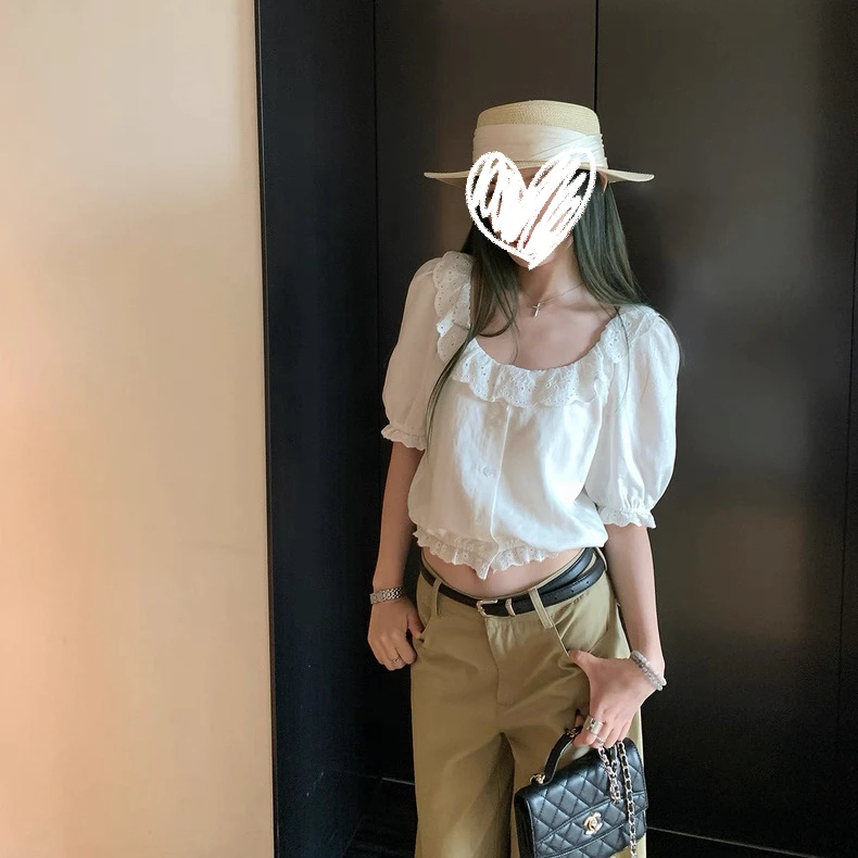 FCYSTUIDOHZJ柏油月亮白色提花小衫女夏法式气质修身花边衬衫