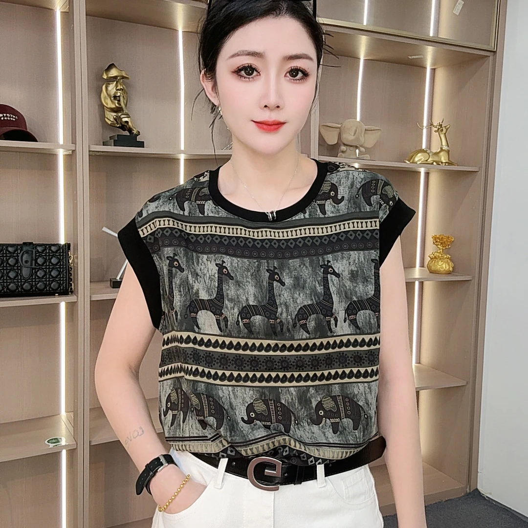 【LL女装】时尚圆领无袖动物抗皱宽松型短袖T恤个性ins拼接上衣