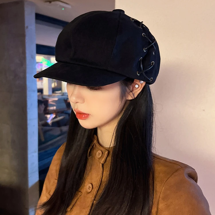 八角帽女秋冬新款纯色系绳贝雷帽日常逛街女士英伦复古短檐鸭舌帽