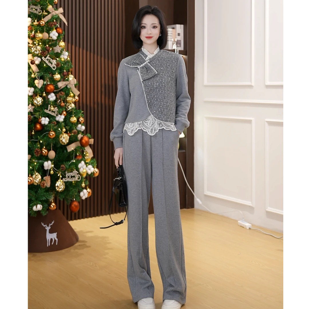 【小爽Eris】时尚洋气钉珠蝴蝶结假两件拼接百搭上衣＋灰色卫裤套装