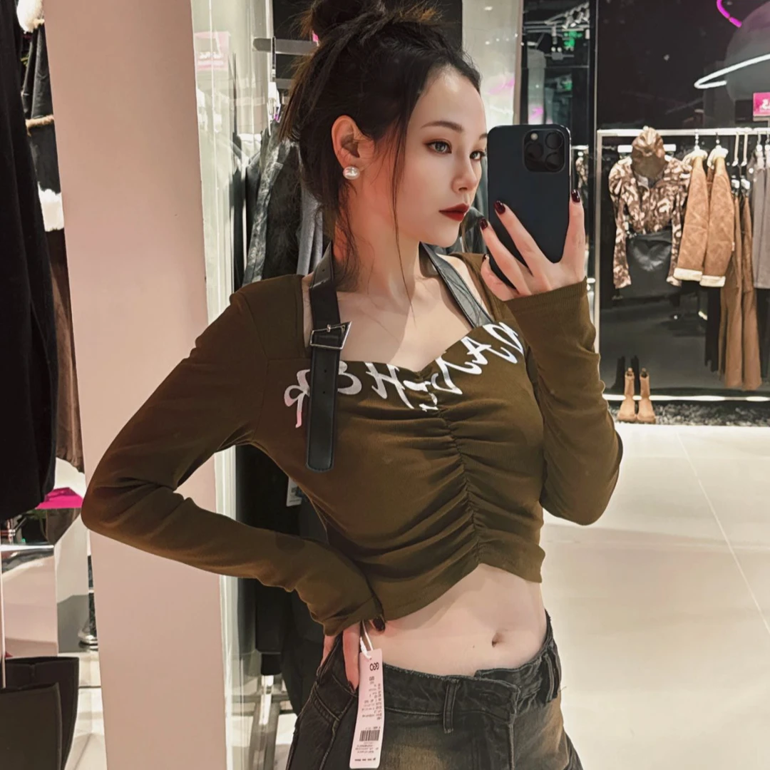 EGO-HAI037独特别致甜辣妹挂脖上衣设计感小众打底衫女长袖t恤