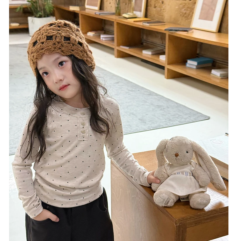 【小梨涡】秋季女童软糯羊绒棉坑条打底衫波点长袖T恤上衣25F001