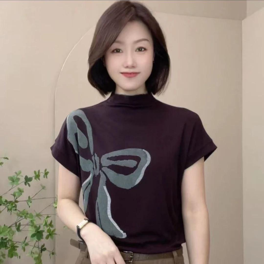御姐风薄款短袖时尚圆领晕染网红印花蝴蝶结印花极简风半高领百搭