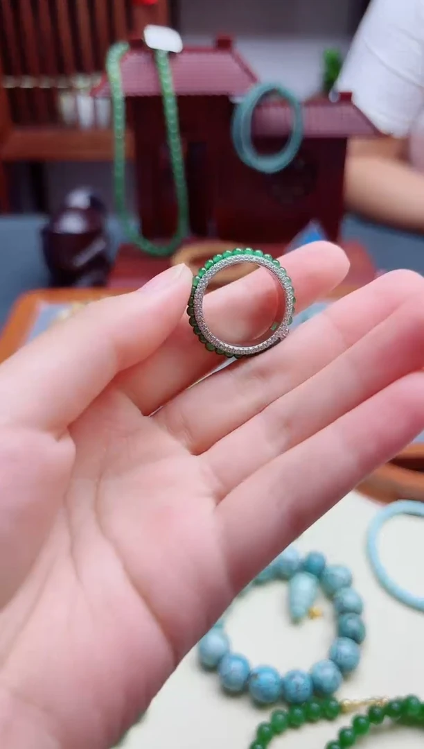 翡翠戒指银S925镶嵌s925银翡翠小米珠戒指18#YD