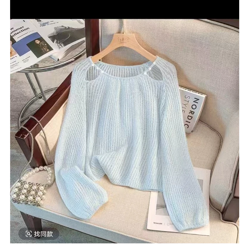 圆领露肩针织衫春季新款女装宽松款甜美短袖独特小香风短袖上衣