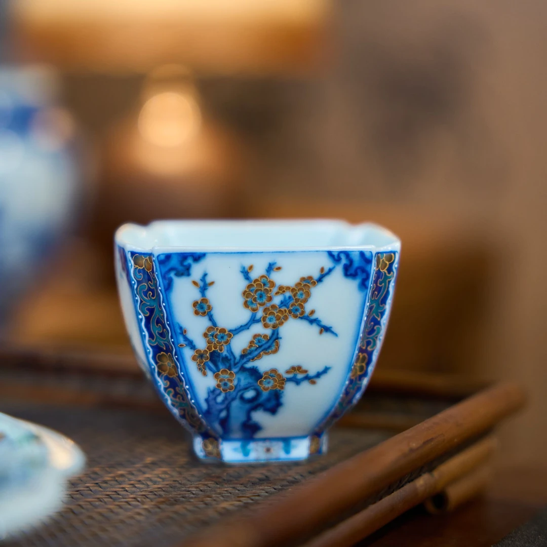 玗琪轩柴窑 · 四方梅兰竹菊杯四方杯景德镇纯手工手绘