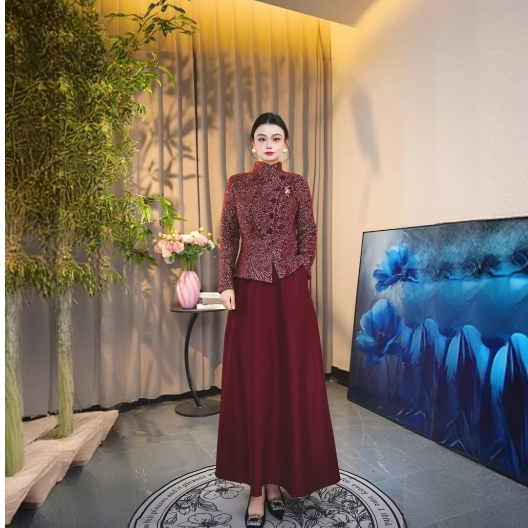 2025款秋冬款喜妈妈修身显瘦气质日常可穿连衣裙酒红色-Q036-03A