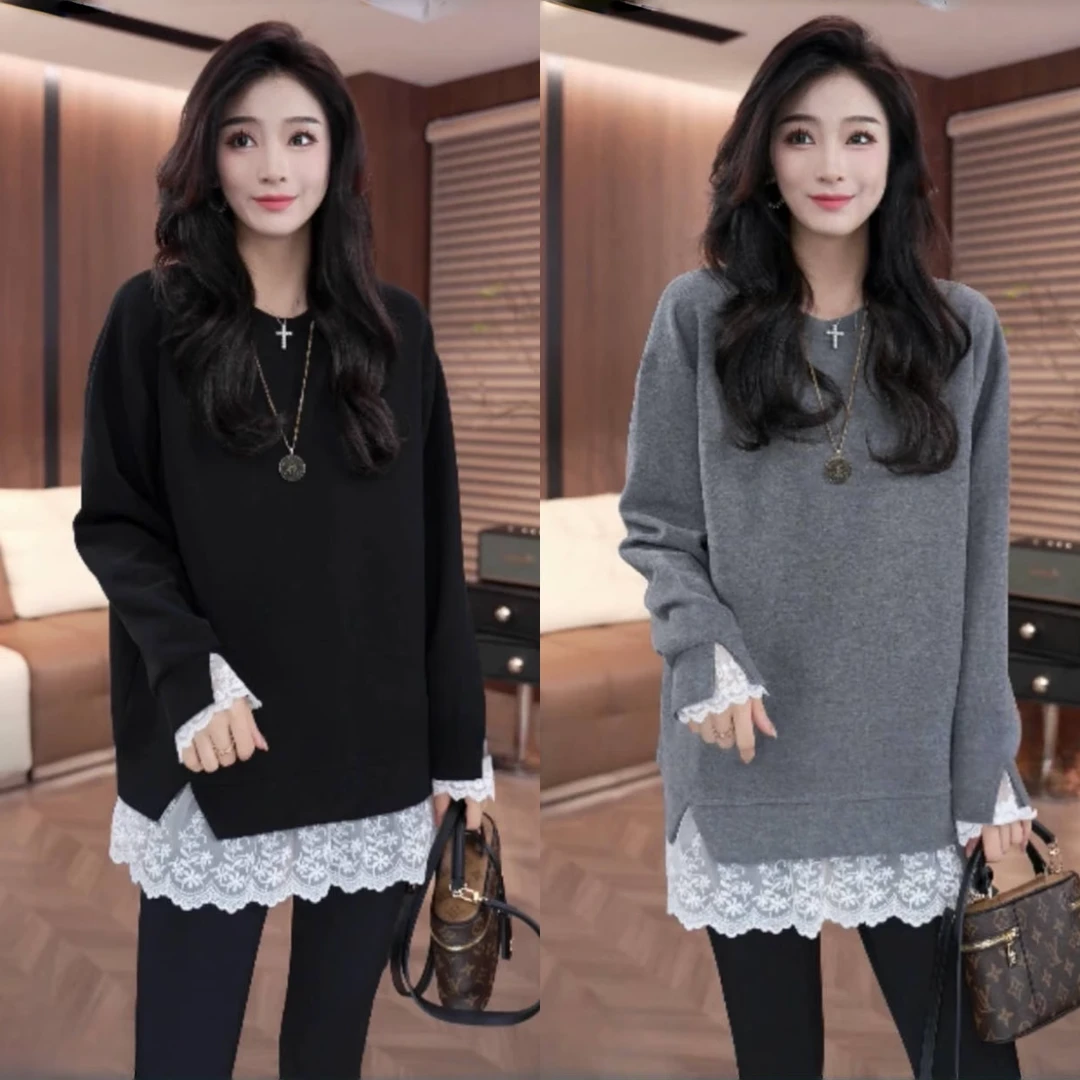假两件下摆蕾丝拼接中长款打底上衣女冬季遮屁股洋气内搭加厚卫衣