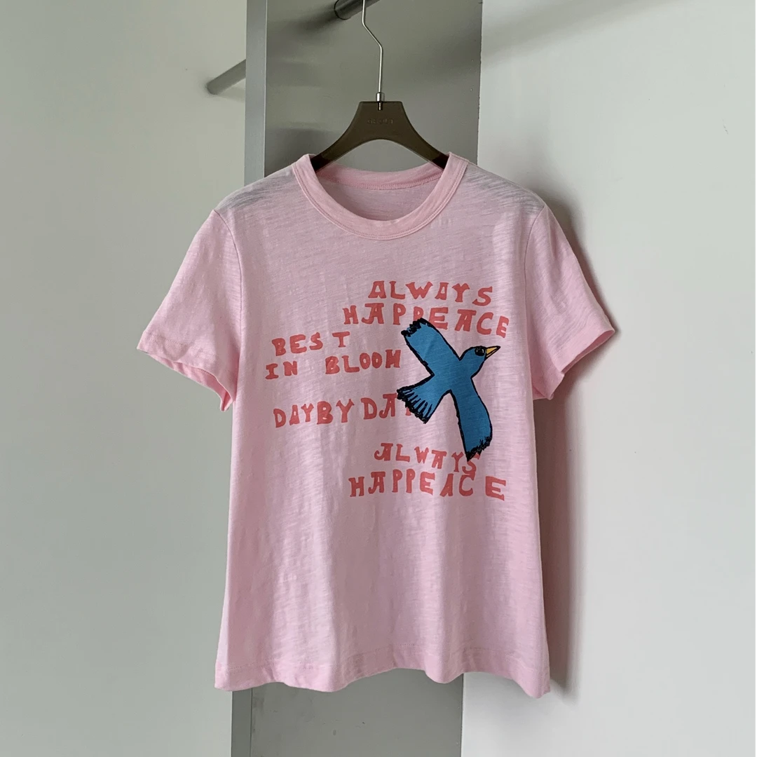 百搭日系休闲小鸟字母印花夏季透气短袖T恤女 T8705