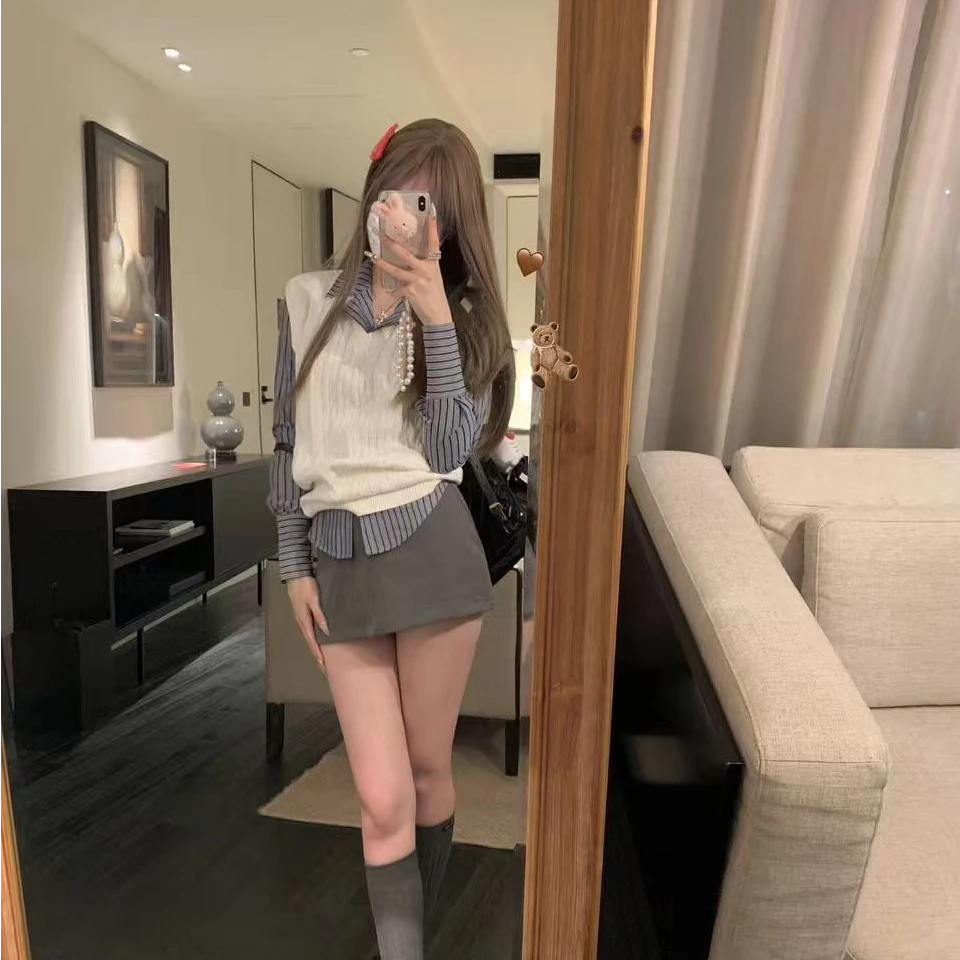 甜酷学院风套装女2025新小个子短款针织马甲叠穿条纹衬衫半身裙潮