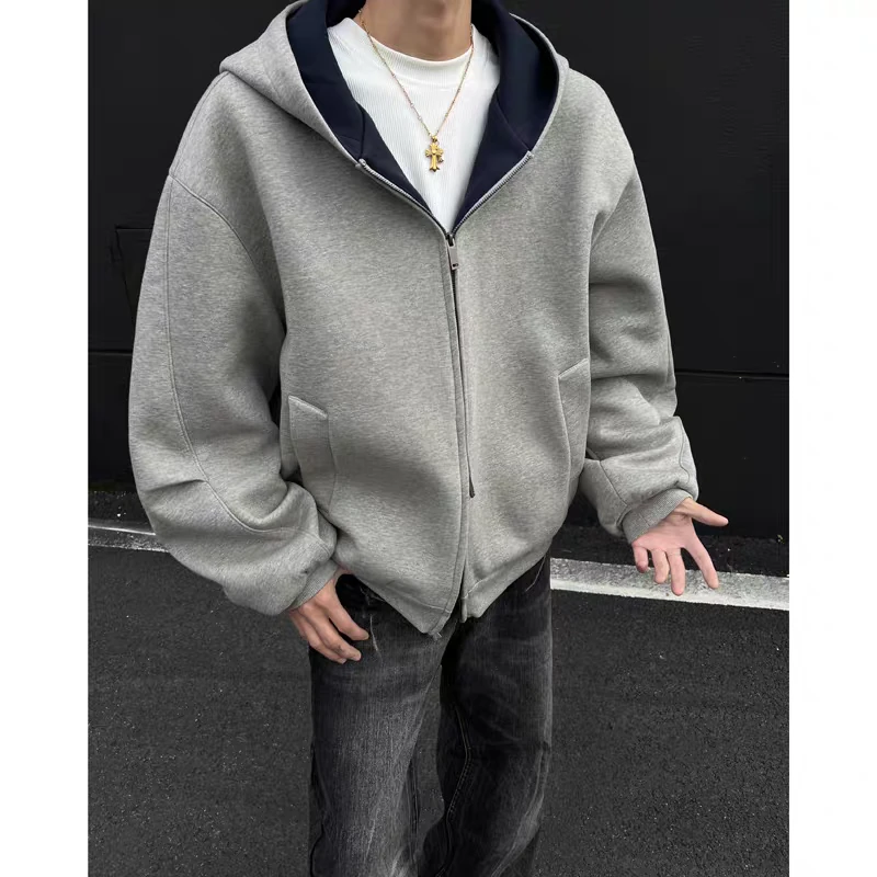 春秋秋季外套男宽松休闲百搭拼色连帽卫衣开衫秋冬双拉链男装夹克