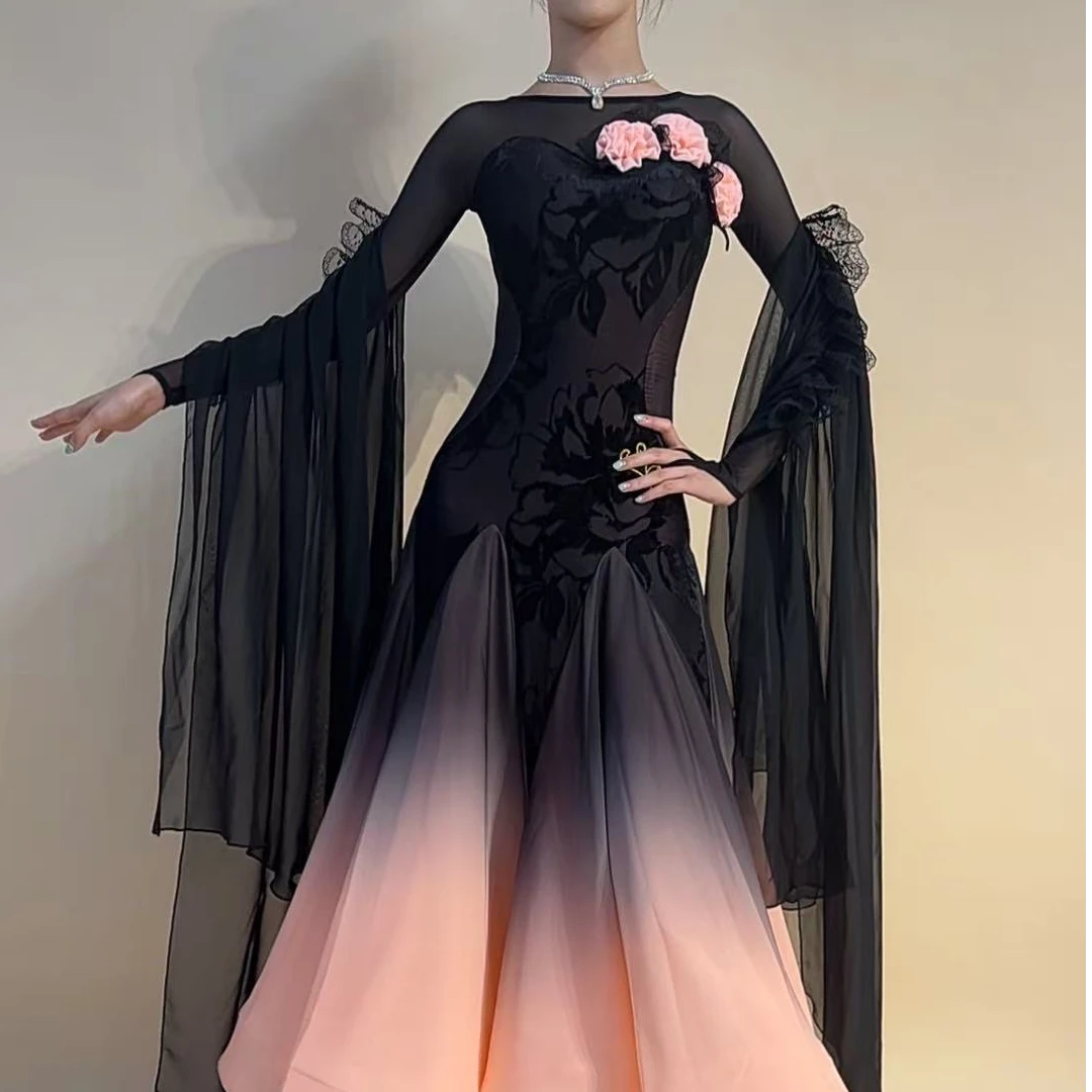 YRSS舞服♥新款墨染玫瑰双层雪纺裙摩登舞服