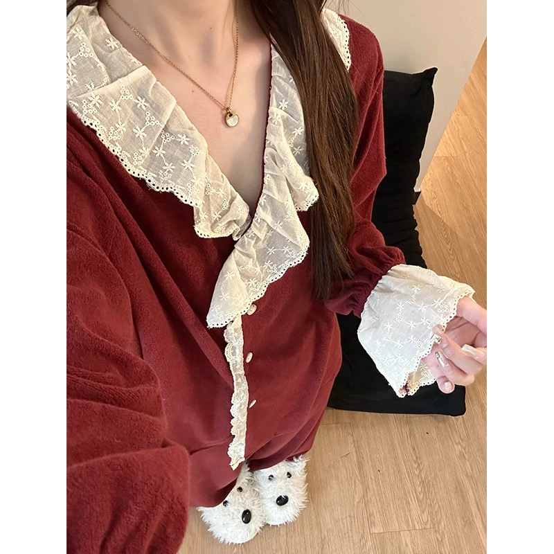 韩版简约纯色德绒睡衣女春秋款甜美花边开衫长裤家居服套装可外穿