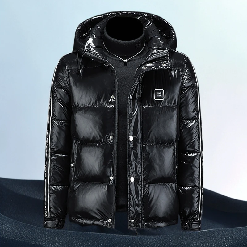 巴赛娜缇时尚亮面连帽羽绒服男士冬季新款休闲保暖白鸭绒加厚外套